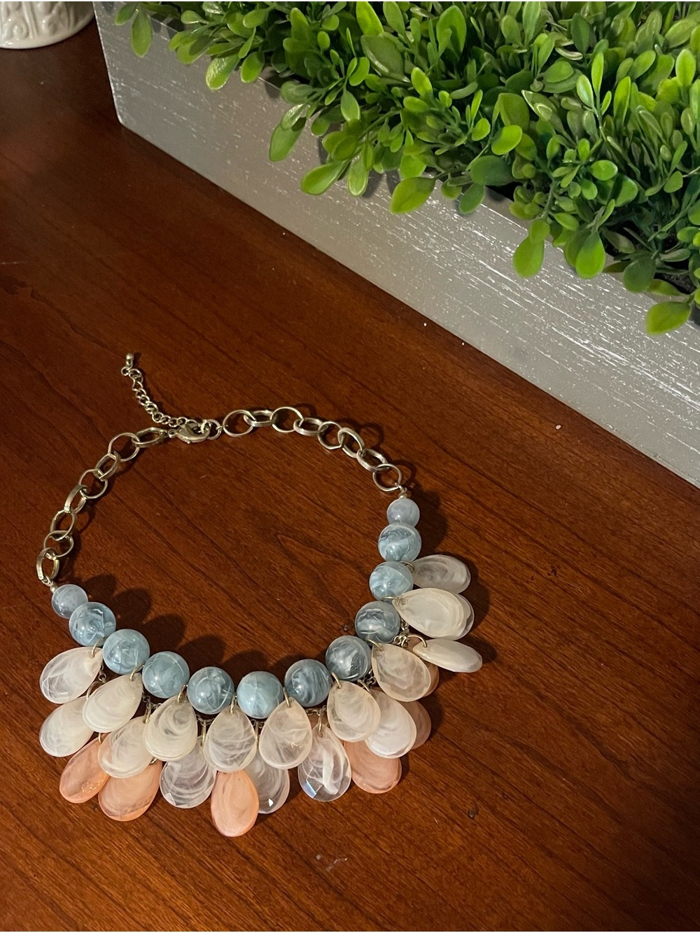 Statement Beaded Bib Necklace in Blue, White & Peach - Women Jewelry